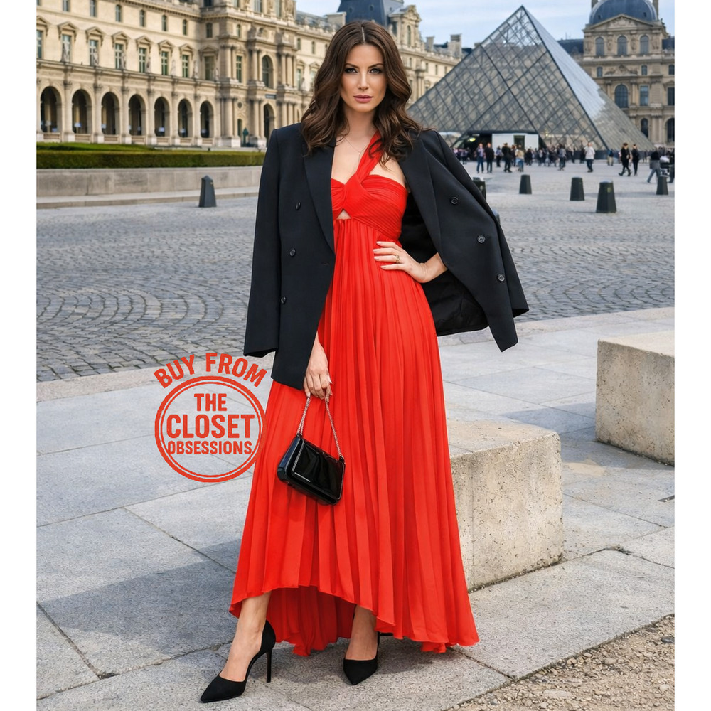 MANGO Red Pleated Front Knot Maxi Dress NWT Wedding Guest Formal - Picture 4 of 16